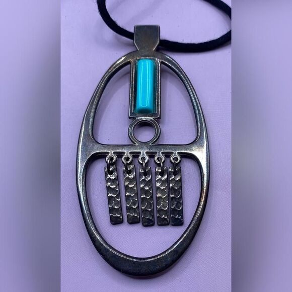 Vintage Modernist Pendant Necklace Silver Tone Turquoise Oval Boho 30” *Read* - Picture 1 of 6